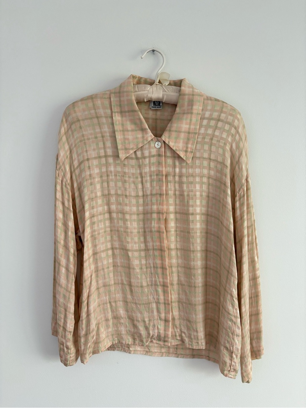 Vintage 60s Anne Klein Silk Pink Green Plaid Button Front Blouse